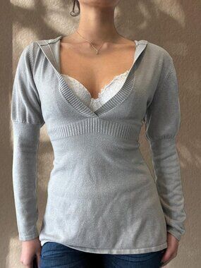 Evie Size M grey deep v neck hooded knit sweater y2k indie babydoll soft girl